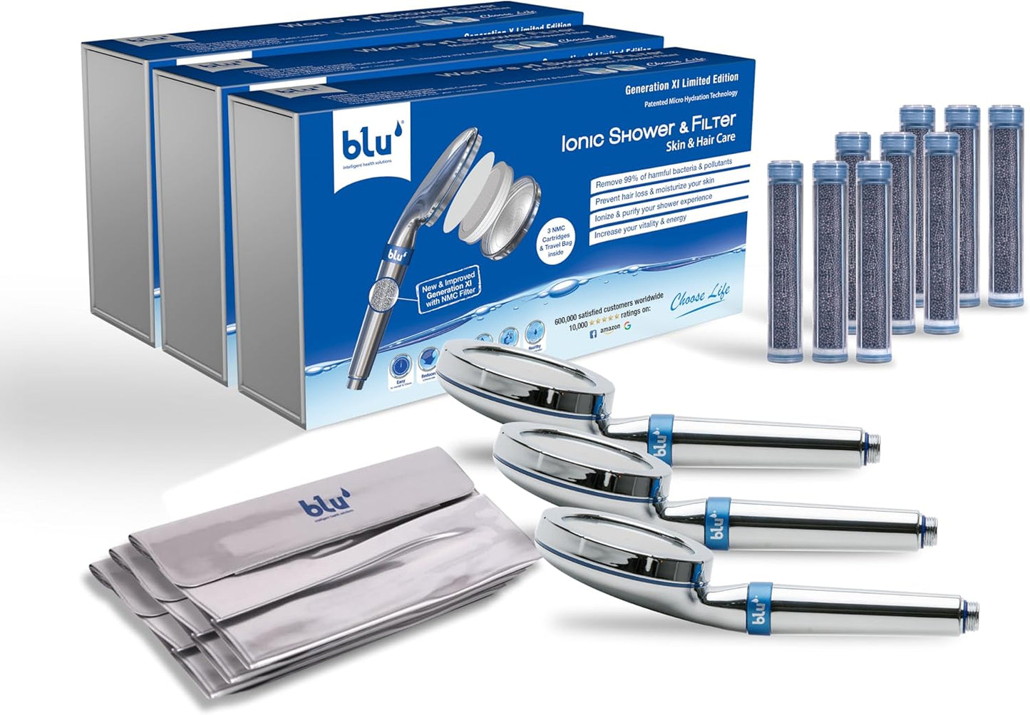 blu Ionic Shower Head and Shower Filter - Handheld - Removes Chlorine & Harmful Pollutants - Prevent Hair Loss & Moisturize Your Skin, Chrome