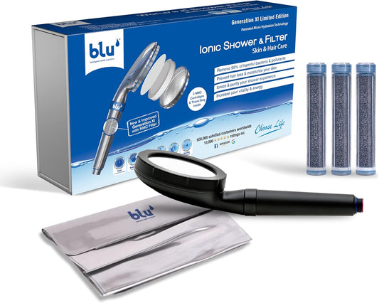 blu Ionic Shower Head and Shower Filter - Handheld - Removes Chlorine & Harmful Pollutants - Prevent Hair Loss & Moisturize Your Skin, Chrome