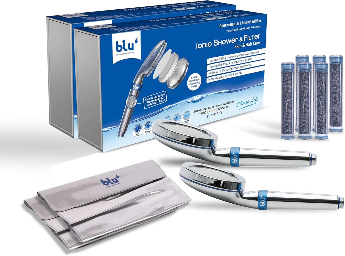 blu Ionic Shower Head and Shower Filter - Handheld - Removes Chlorine & Harmful Pollutants - Prevent Hair Loss & Moisturize Your Skin, Chrome
