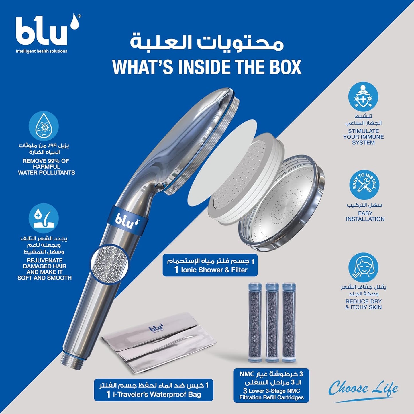 blu Ionic Shower Head and Shower Filter - Handheld - Removes Chlorine & Harmful Pollutants - Prevent Hair Loss & Moisturize Your Skin, Chrome