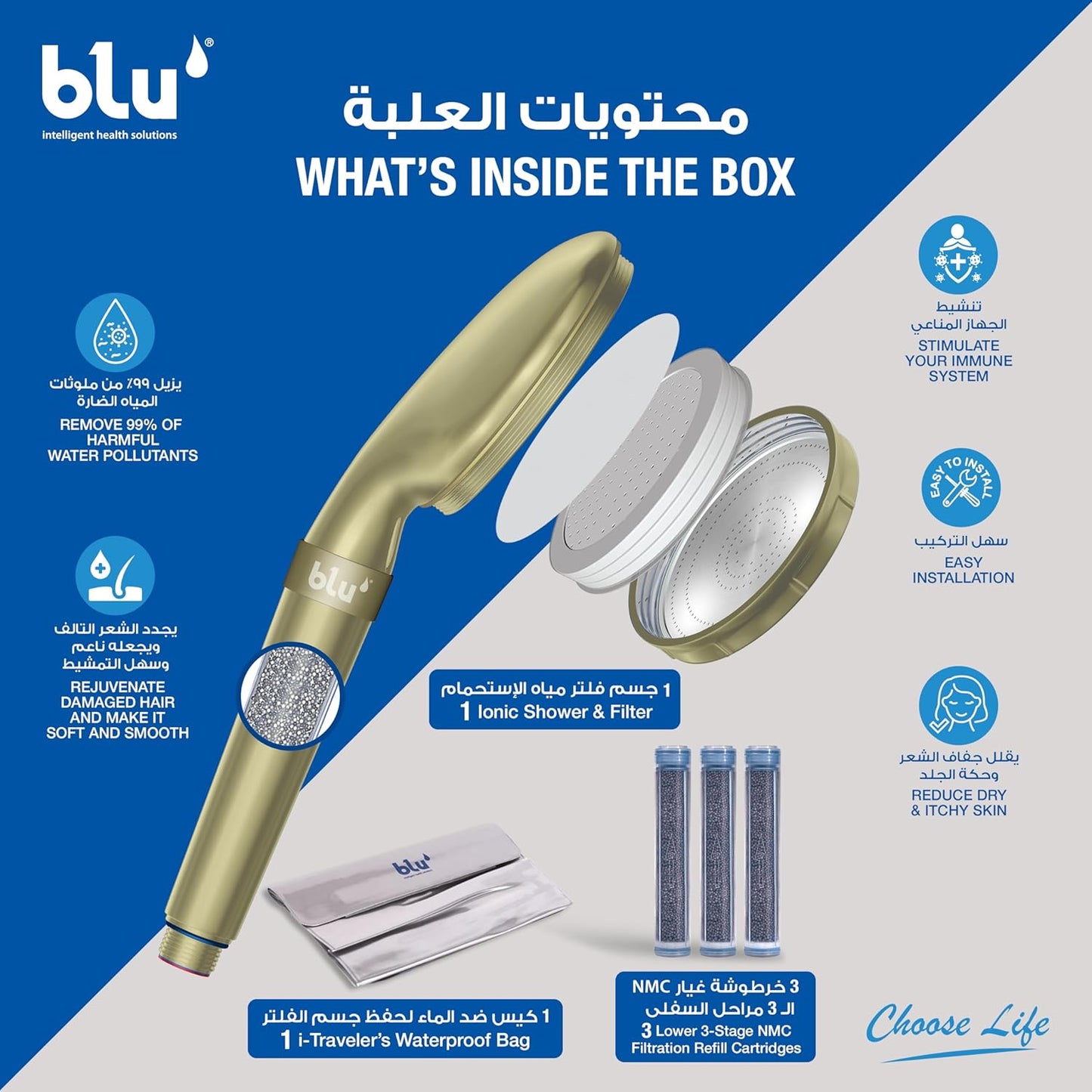 blu Ionic Shower Head and Shower Filter - Handheld - Removes Chlorine & Harmful Pollutants - Prevent Hair Loss & Moisturize Your Skin, Chrome
