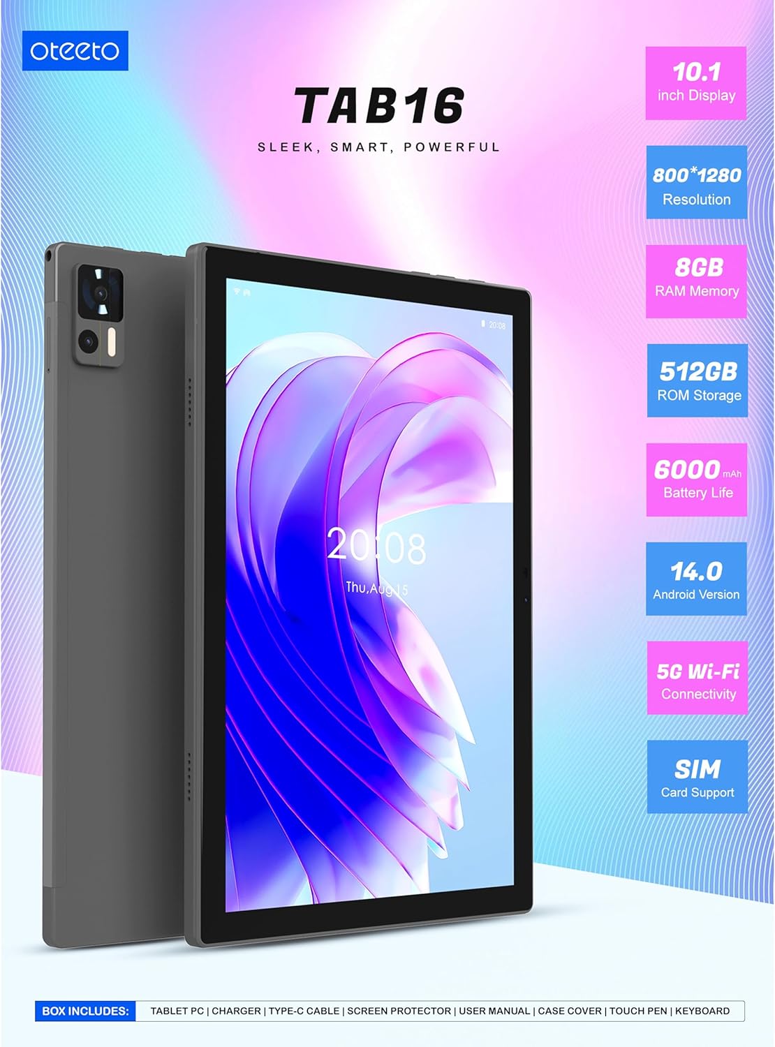 TAB 16 tablet/10.1 Inch IPS LCD/Octa Core 2.0GHz/Android 14/4G Connectivity/6000 mah battery/12GB + 512 GB/8 Mp front + 13 Mp rear camera/keyboard/touch pen (Blue)