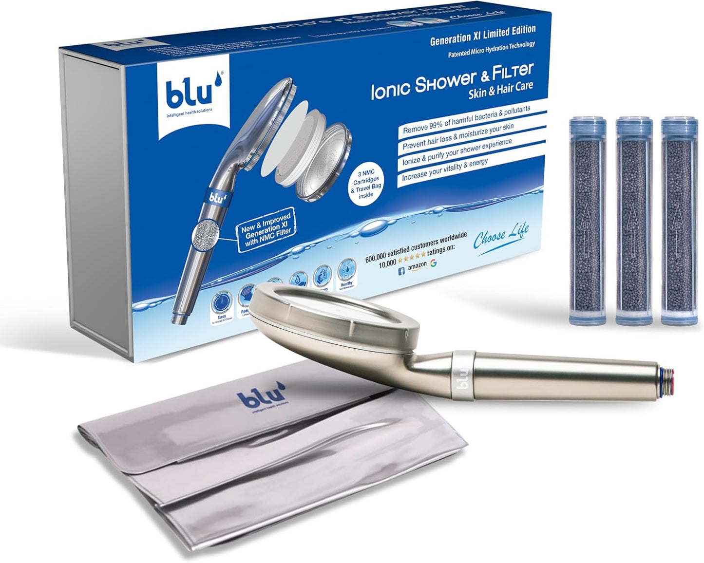 blu Ionic Shower Head and Shower Filter - Handheld - Removes Chlorine & Harmful Pollutants - Prevent Hair Loss & Moisturize Your Skin, Chrome