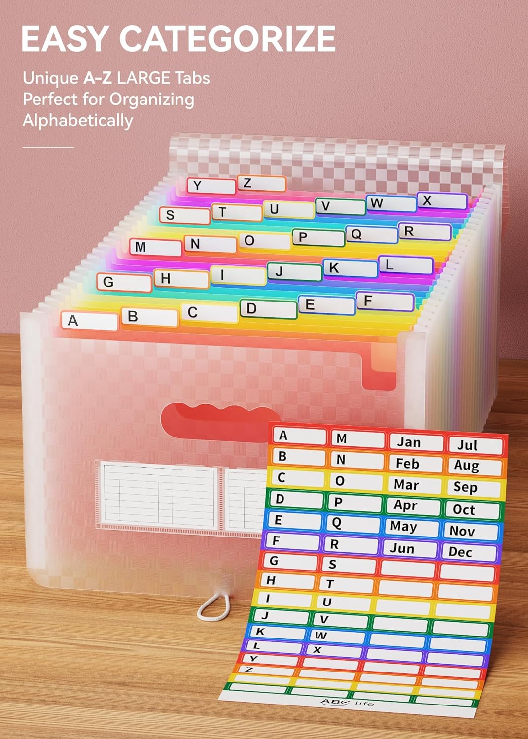 A4 Expanding File Organiser, 26 Pockets Expandable Filling Boxes Documents Organiser, Concertina File Expanding for Filing Folder, Portable Rainbow Files Wallets Plastic Bills Storage Bag (Pink)