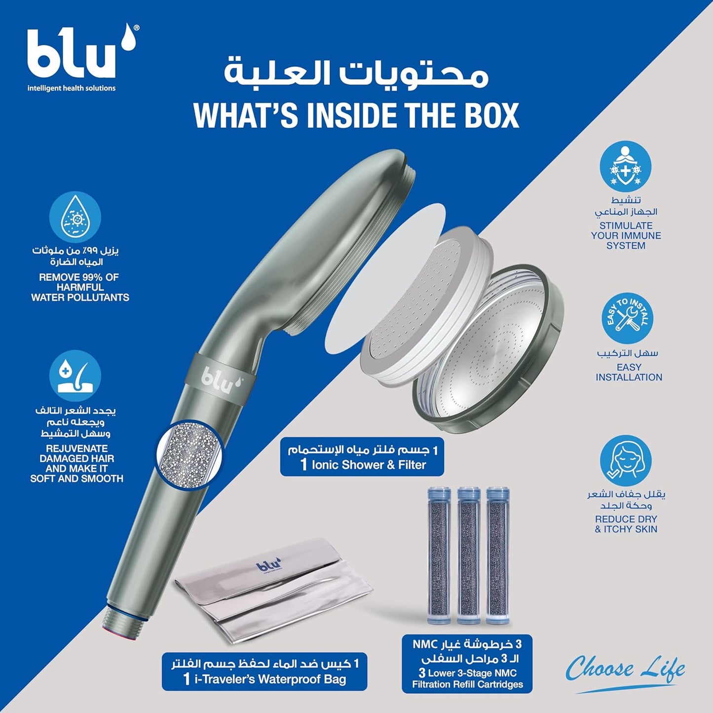 blu Ionic Shower Head and Shower Filter - Handheld - Removes Chlorine & Harmful Pollutants - Prevent Hair Loss & Moisturize Your Skin, Chrome
