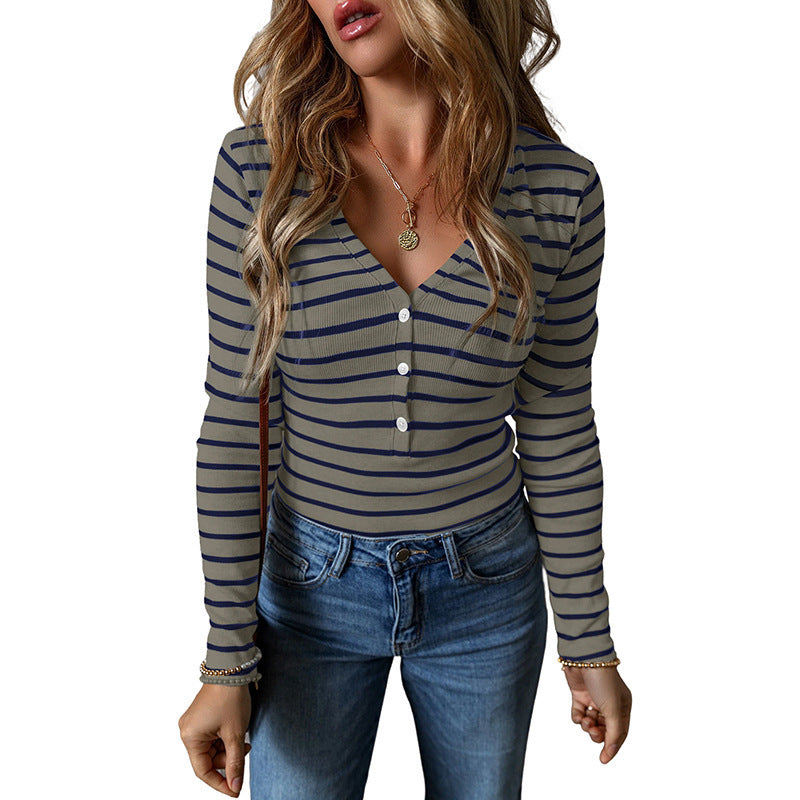 Women's Polyester Striped Long-sleeved Top