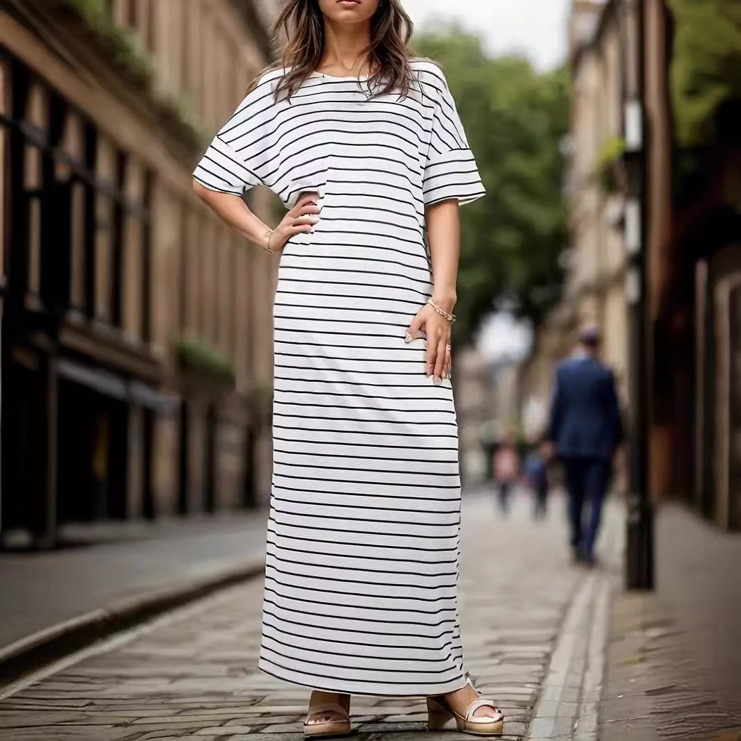 Women's Short Sleeve And Long Pattern Striped Dress