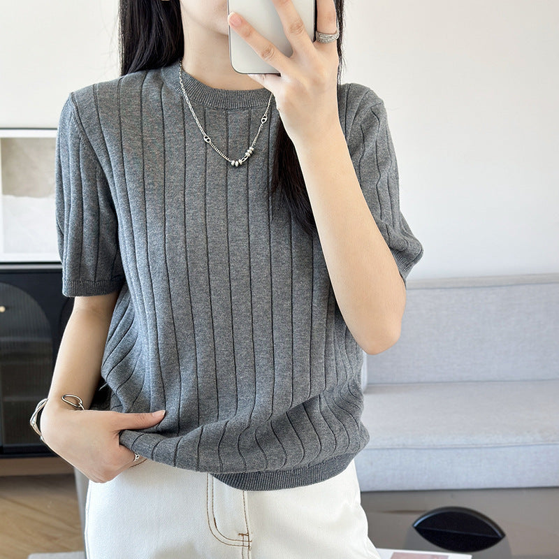 Round Neck Cotton Knitted Short Sleeve Vertical Stripe Elegant Top