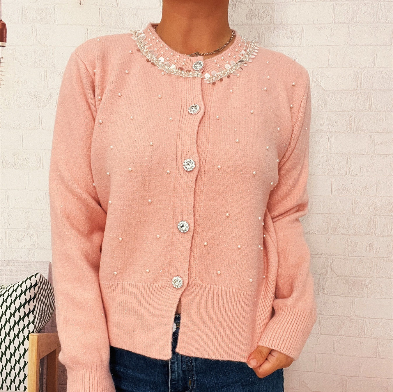 Vintage Pearl Collar Button Elegant Knitted Cardigan Single-breasted Sweater Women