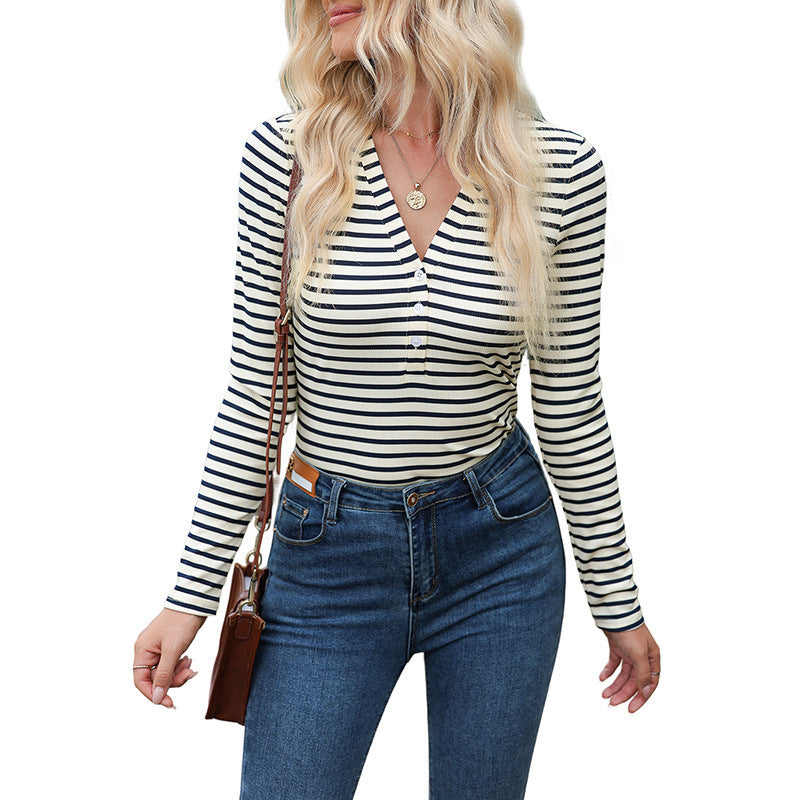 Women's Polyester Striped Long-sleeved Top