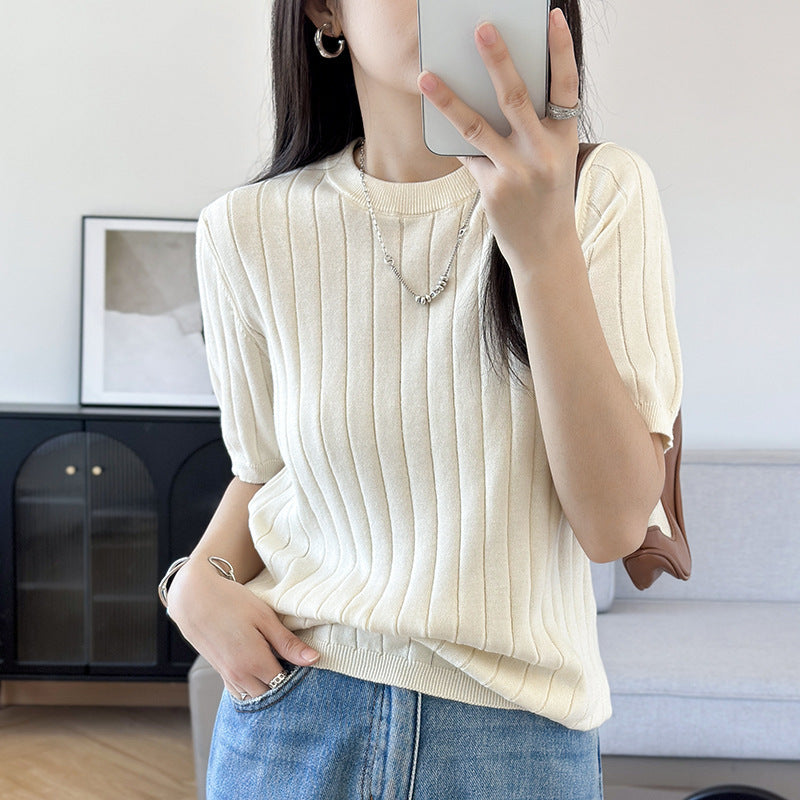 Round Neck Cotton Knitted Short Sleeve Vertical Stripe Elegant Top