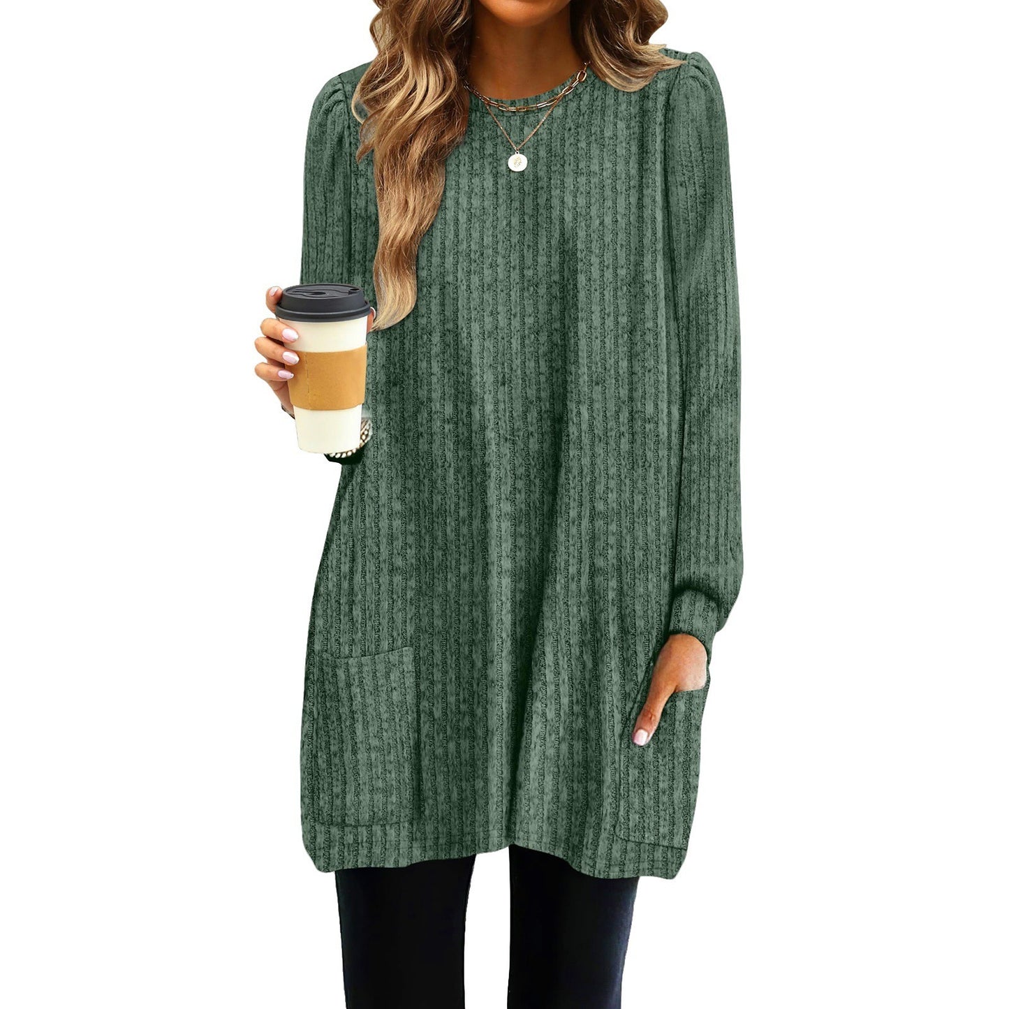 Pocket Lengthened Loose Casual Bubble Long-sleeved Shirt