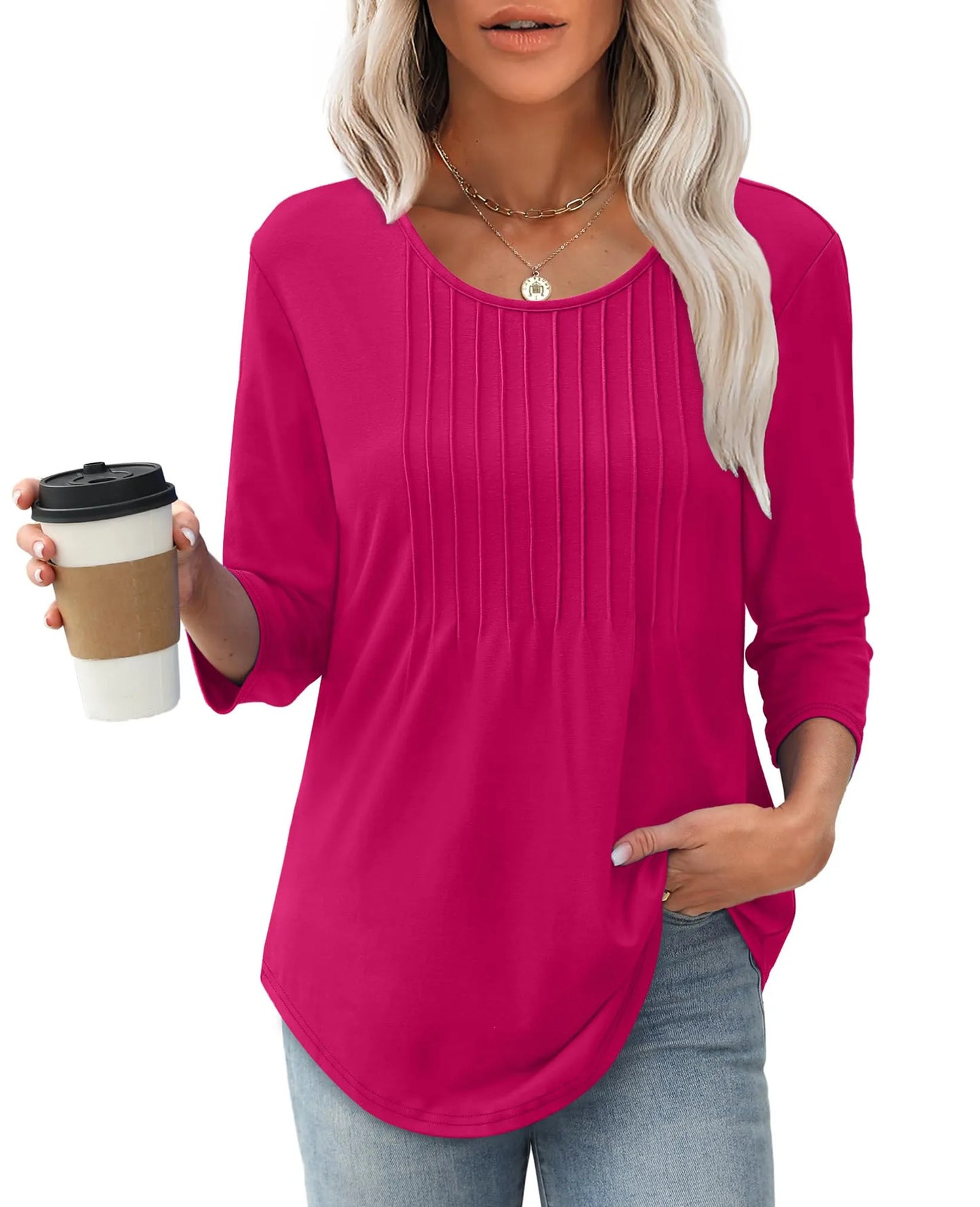 Women's Long Sleeve Top Fashion Casual Pleated Low Round Neck - souqmart