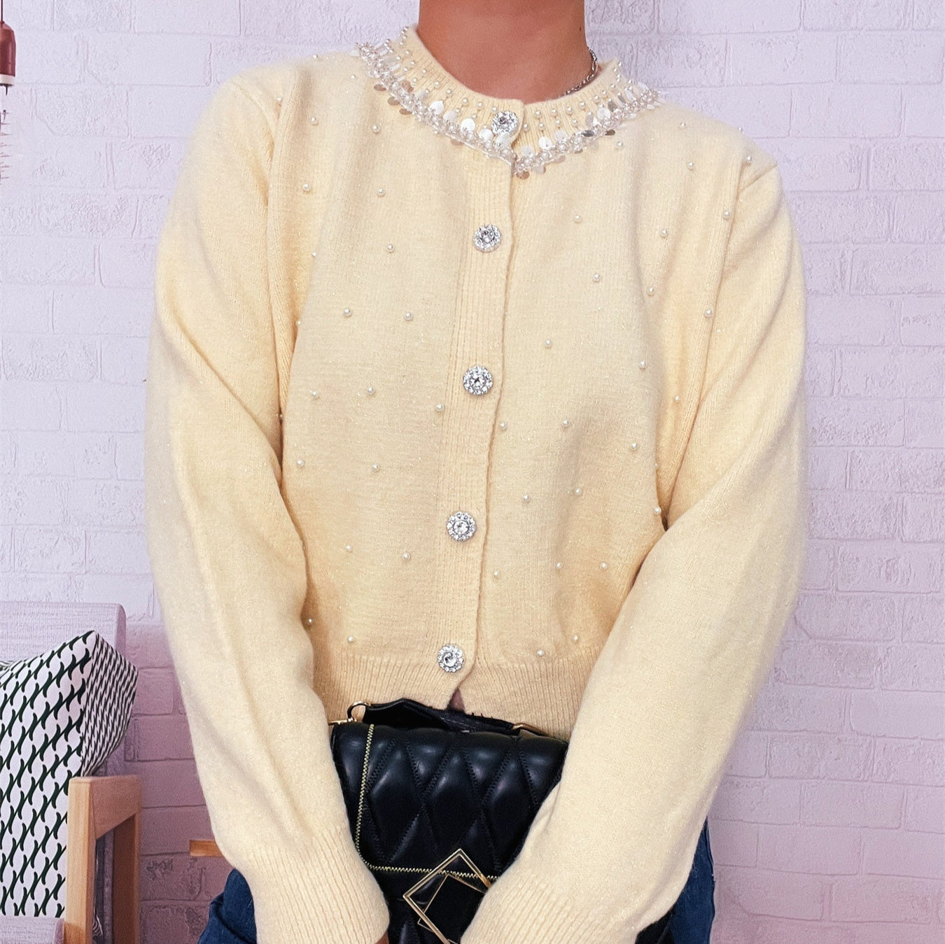 Vintage Pearl Collar Button Elegant Knitted Cardigan Single-breasted Sweater Women