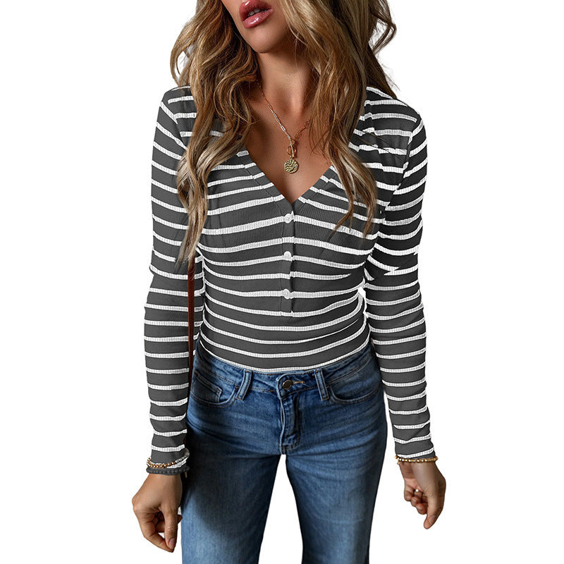 Women's Polyester Striped Long-sleeved Top