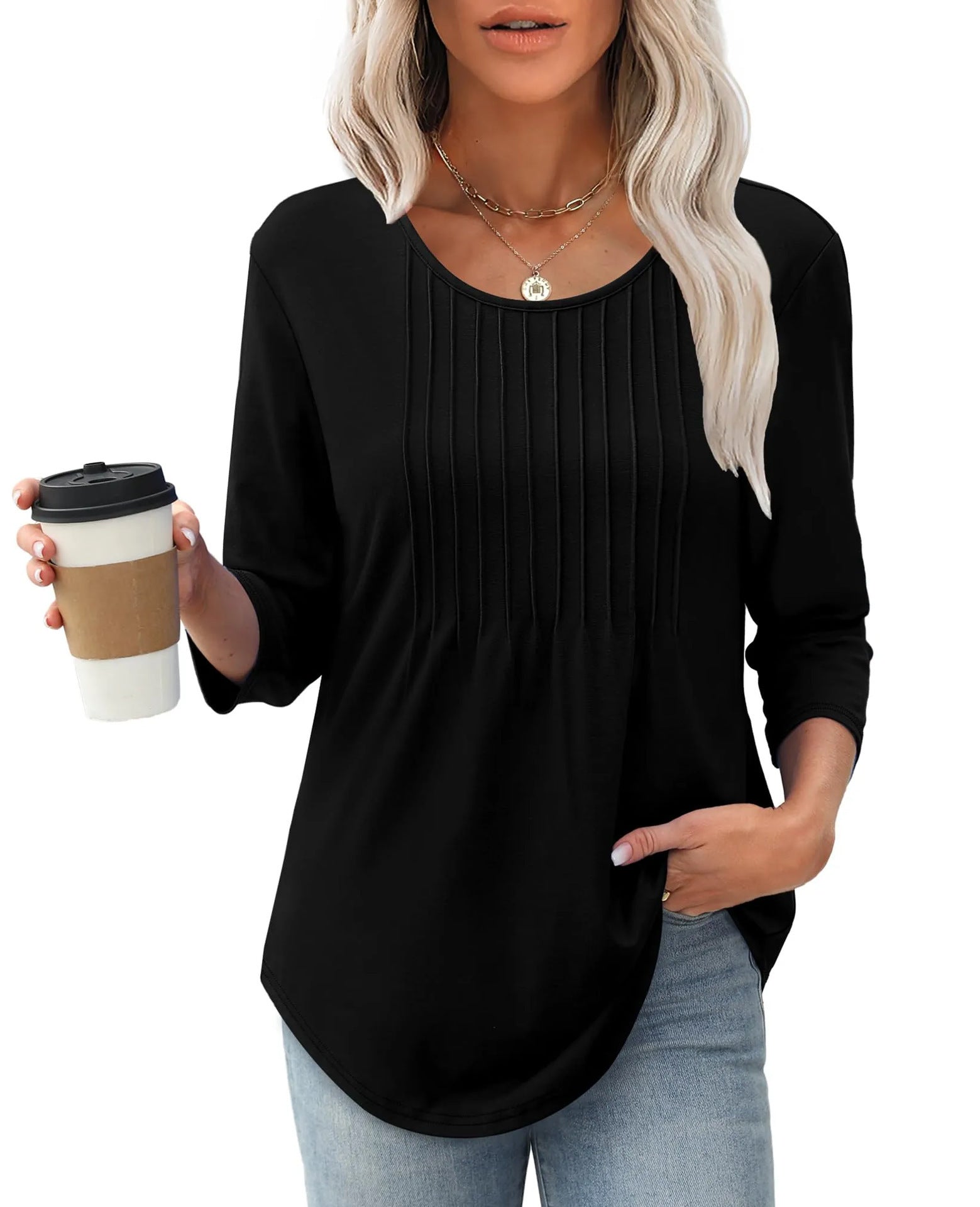 Women's Long Sleeve Top Fashion Casual Pleated Low Round Neck - souqmart