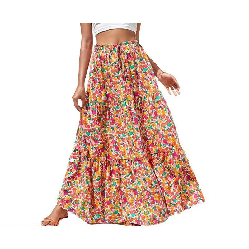 Flower Print Elastic Waist Skirt - souqmart