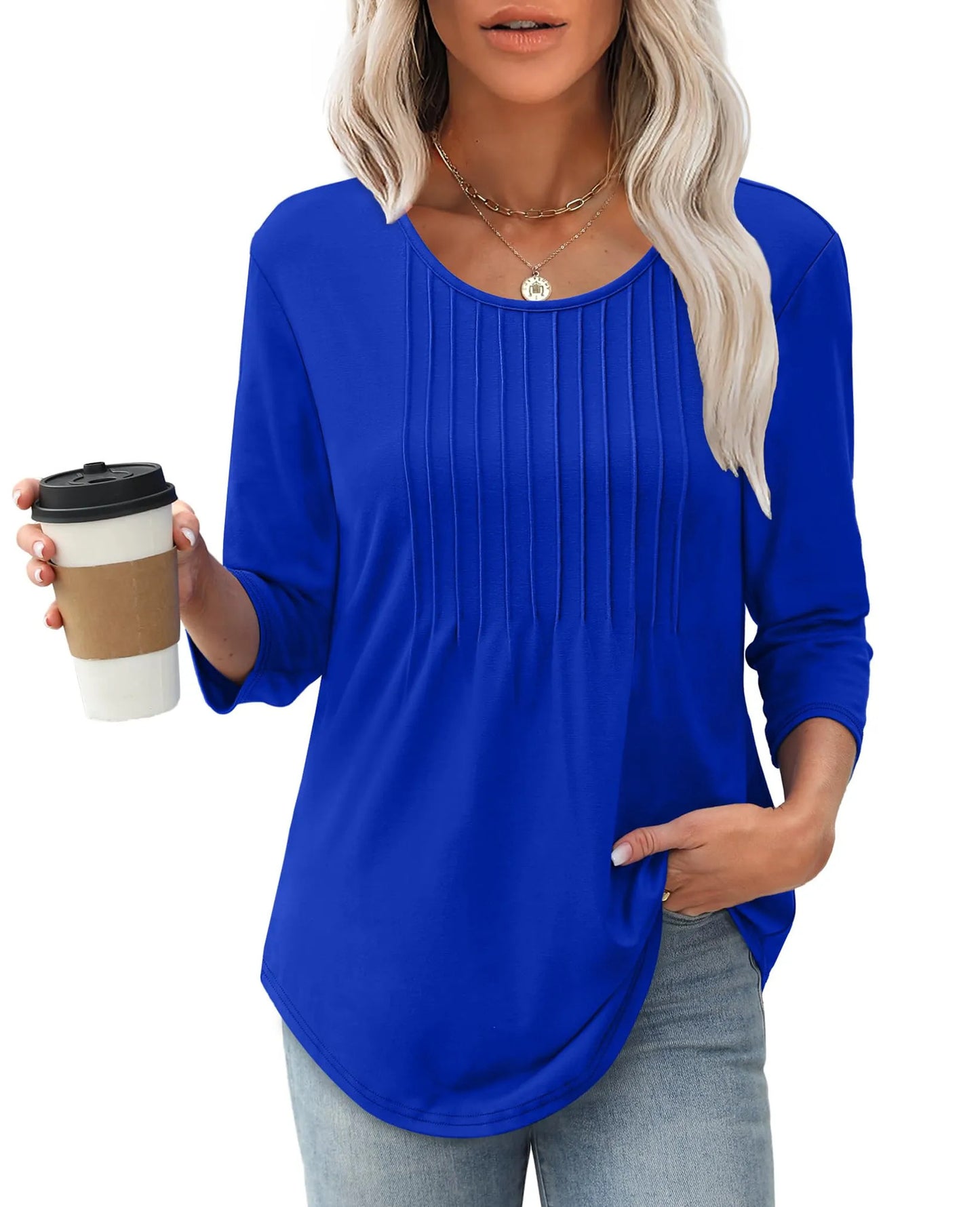 Women's Long Sleeve Top Fashion Casual Pleated Low Round Neck - souqmart