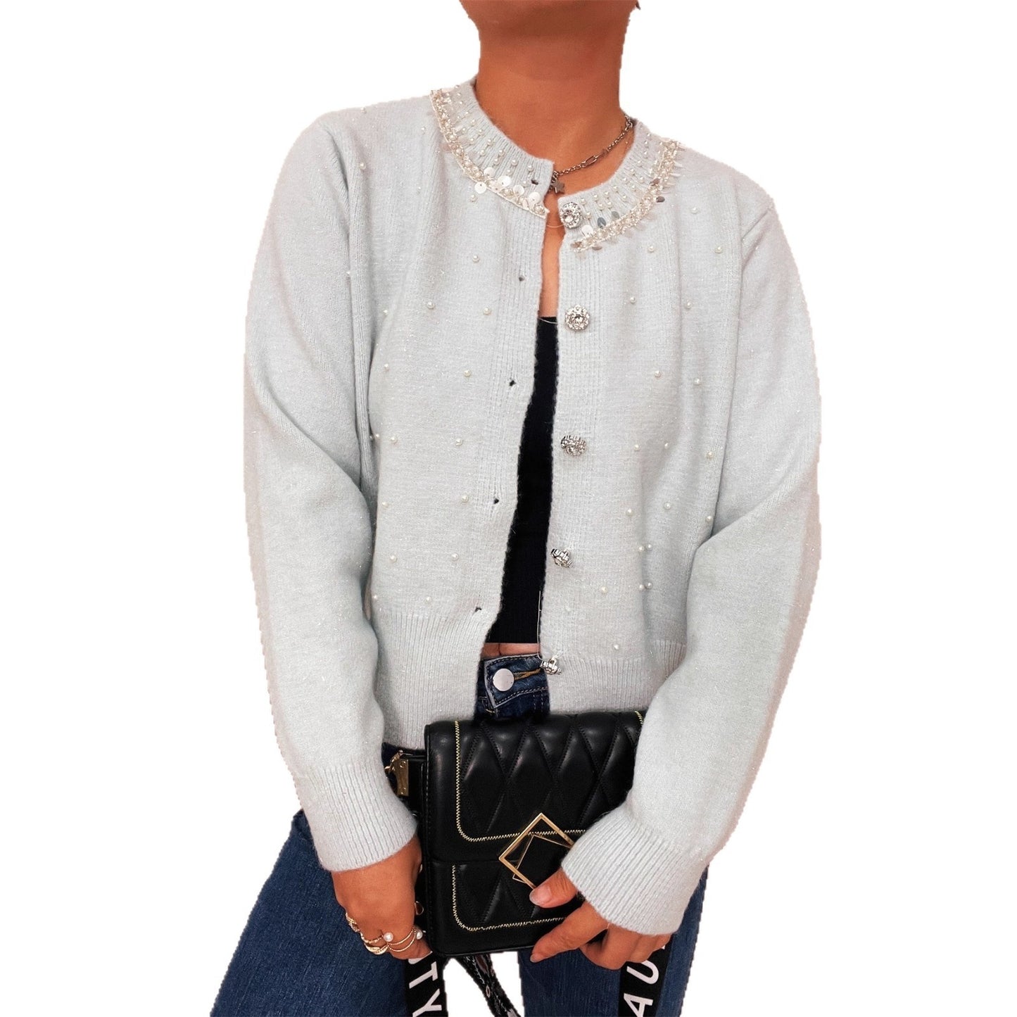 Vintage Pearl Collar Button Elegant Knitted Cardigan Single-breasted Sweater Women