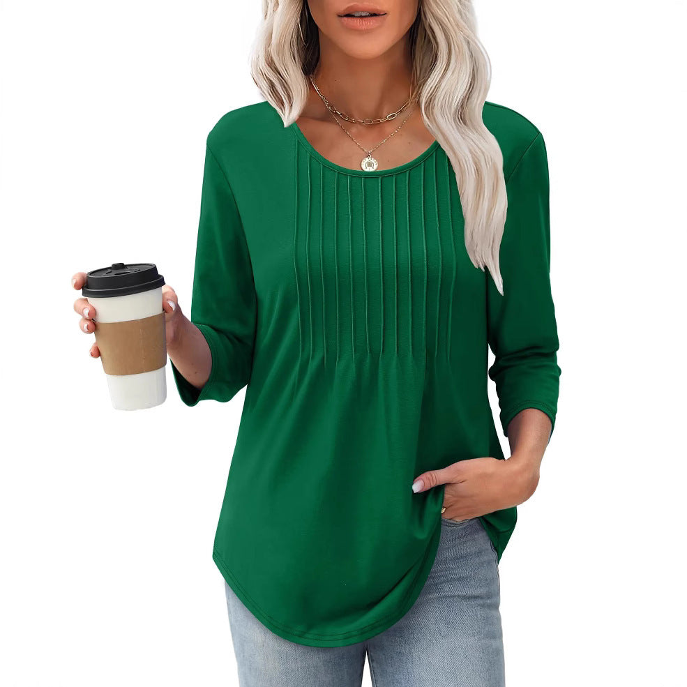 Women's Long Sleeve Top Fashion Casual Pleated Low Round Neck - souqmart