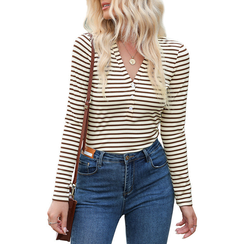 Women's Polyester Striped Long-sleeved Top