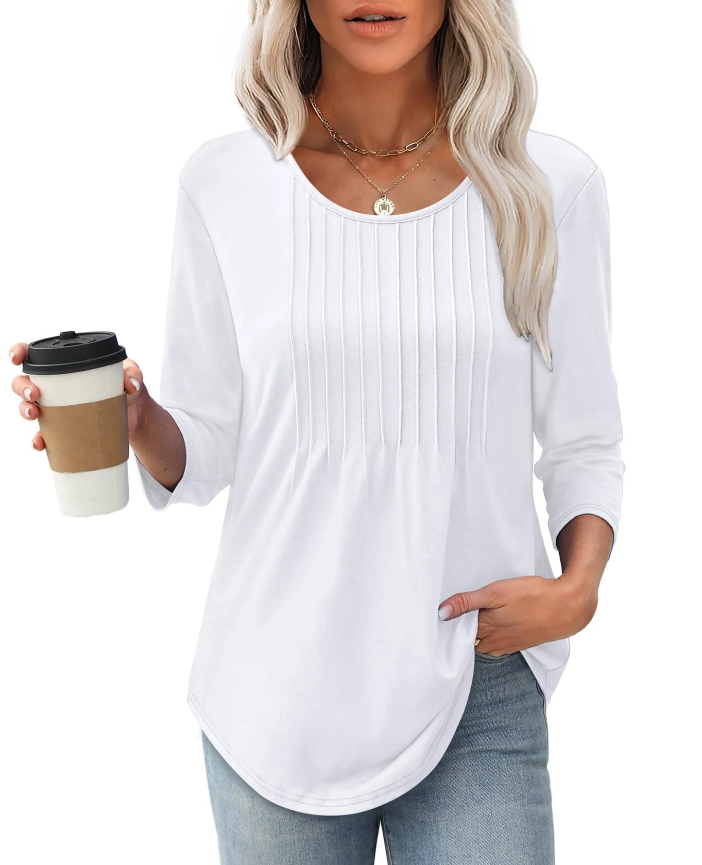 Women's Long Sleeve Top Fashion Casual Pleated Low Round Neck - souqmart