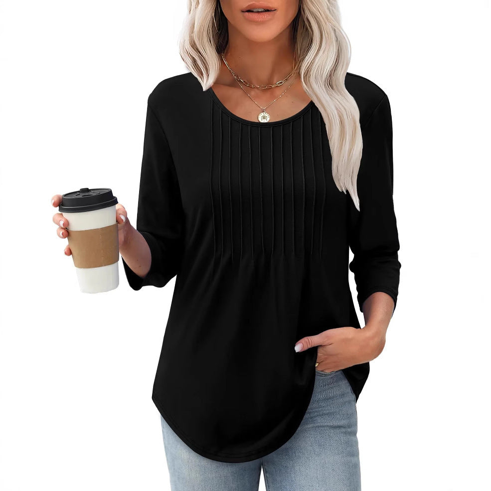 Women's Long Sleeve Top Fashion Casual Pleated Low Round Neck - souqmart
